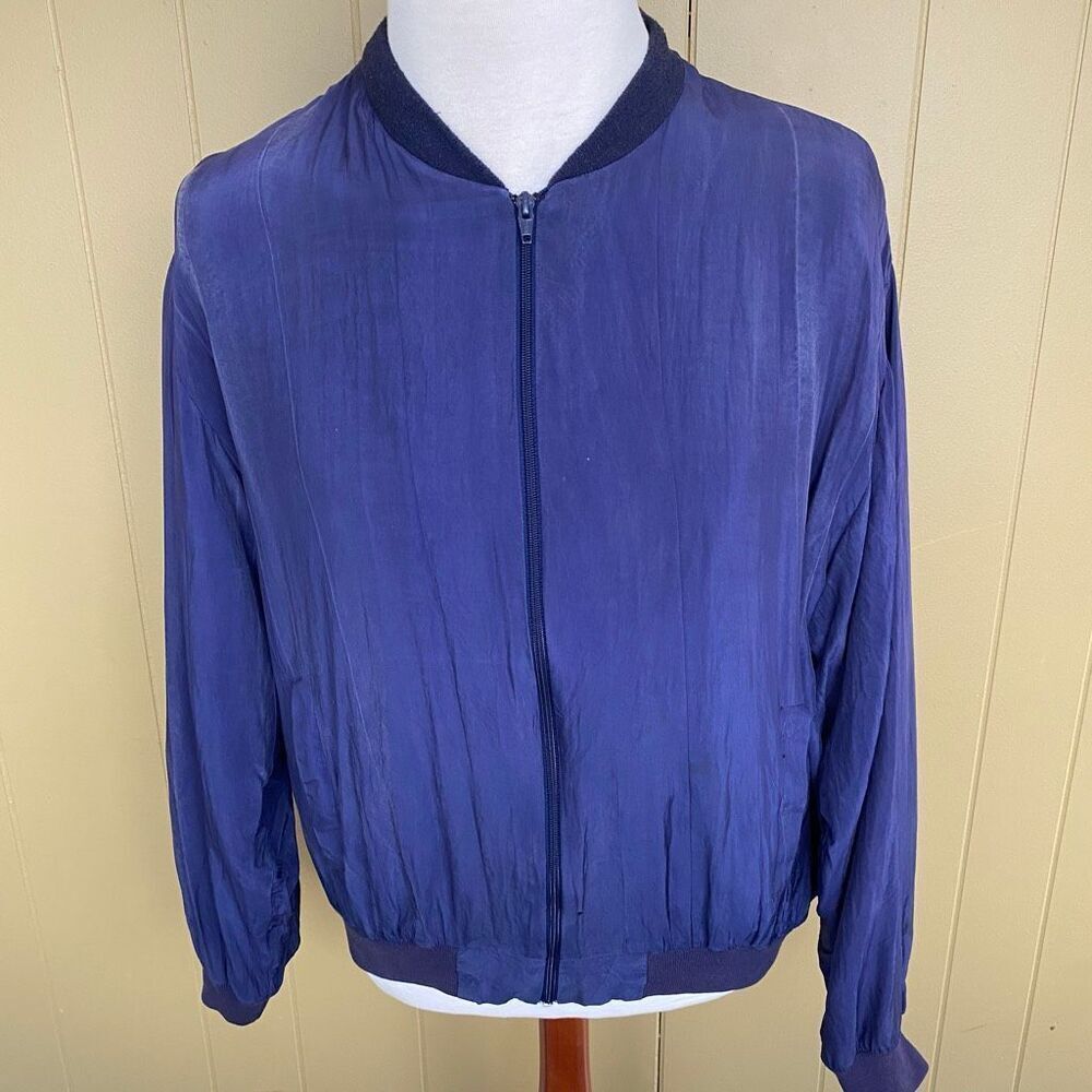 Alan Stuart vintage men XL full zip longsleeve mock collar silk jacket purple bl